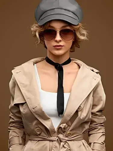 Funtery 3 Pcs Women Newsboy Hats PU Leather Visor Beret Cabbie Hat 8 Panel Vintage Women Fiddler Cap Faux Leather Baker Hat - 5