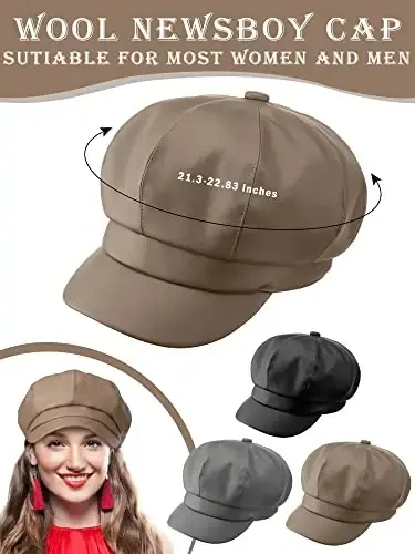 Funtery 3 Pcs Women Newsboy Hats PU Leather Visor Beret Cabbie Hat 8 Panel Vintage Women Fiddler Cap Faux Leather Baker Hat - 7