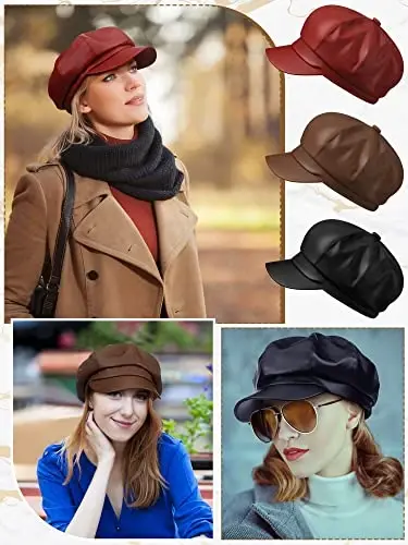 Funtery 3 Pcs Women Newsboy Hats PU Leather Visor Beret Cabbie Hat 8 Panel Vintage Women Fiddler Cap Faux Leather Baker Hat 