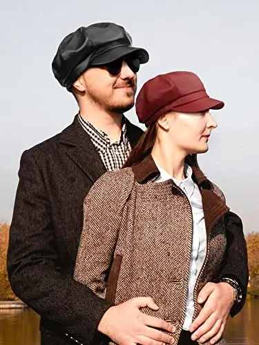Funtery 3 Pcs Women Newsboy Hats PU Leather Visor Beret Cabbie Hat 8 Panel Vintage Women Fiddler Cap Faux Leather Baker Hat - 3