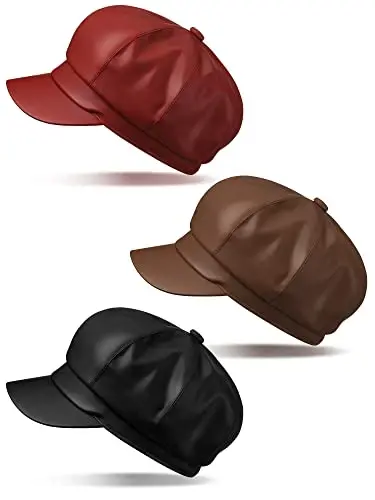Funtery 3 Pcs Women Newsboy Hats PU Leather Visor Beret Cabbie Hat 8 Panel Vintage Women Fiddler Cap Faux Leather Baker Hat - 5