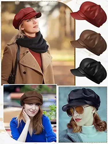 Funtery 3 Pcs Women Newsboy Hats PU Leather Visor Beret Cabbie Hat 8 Panel Vintage Women Fiddler Cap Faux Leather Baker Hat - 1