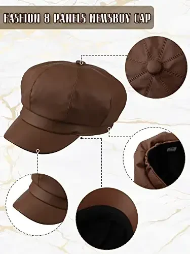 Funtery 3 Pcs Women Newsboy Hats PU Leather Visor Beret Cabbie Hat 8 Panel Vintage Women Fiddler Cap Faux Leather Baker Hat - 6