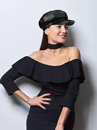 Funtery 3 Pcs Women Newsboy Hats PU Leather Visor Beret Cabbie Hat 8 Panel Vintage Women Fiddler Cap Faux Leather Baker Hat - 6