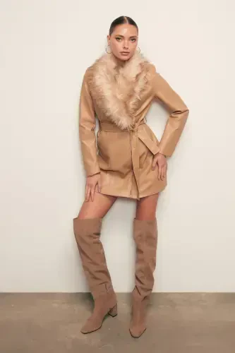 Fur Detailed Leather Jacket - BEIGE-BEIGE - 1