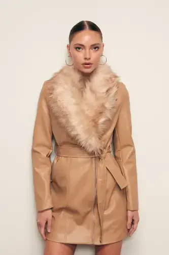 Fur Detailed Leather Jacket - BEIGE-BEIGE - 3