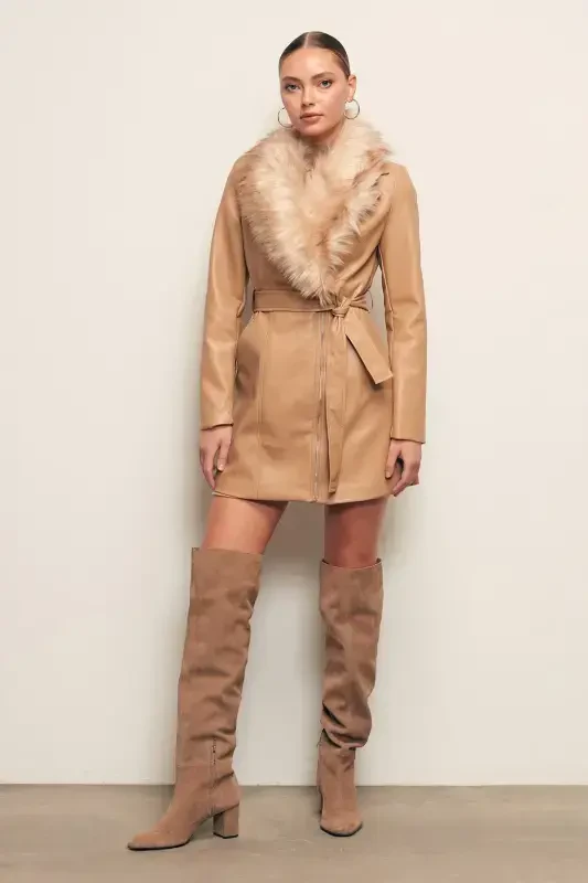 Fur Detailed Leather Jacket - BEIGE-BEIGE - 4