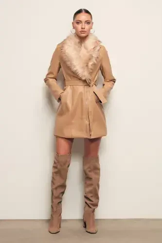 Fur Detailed Leather Jacket - BEIGE-BEIGE - 5