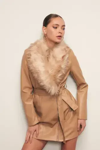 Fur Detailed Leather Jacket - BEIGE-BEIGE - 6