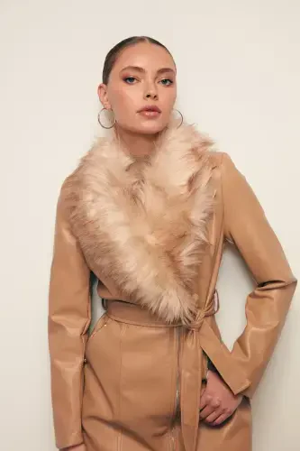 Fur Detailed Leather Jacket - BEIGE-BEIGE - 7