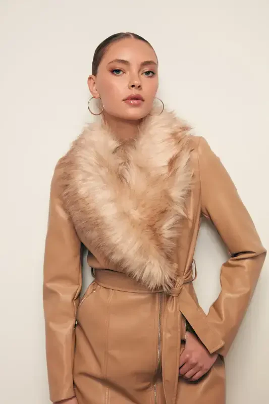 Fur Detailed Leather Jacket - BEIGE-BEIGE - 7
