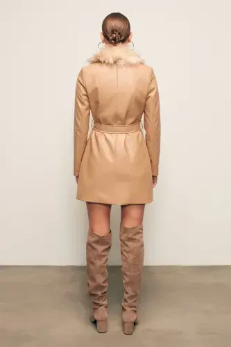 Fur Detailed Leather Jacket - BEIGE-BEIGE - 8