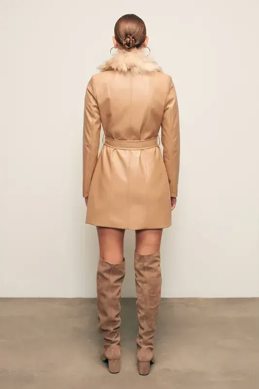 Fur Detailed Leather Jacket - BEIGE-BEIGE - 8