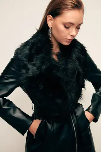 Fur Detailed Leather Jacket - Black-BLACK - 1