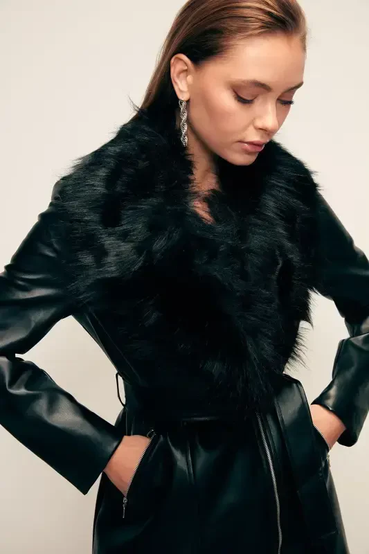 Fur Detailed Leather Jacket - Black-BLACK - 1