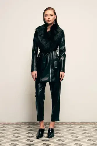 Fur Detailed Leather Jacket - Black-BLACK - SATEEN (1)
