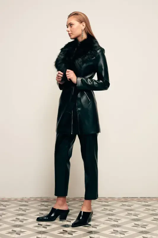 Fur Detailed Leather Jacket - Black-BLACK - 3