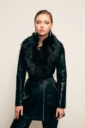 Fur Detailed Leather Jacket - Black-BLACK - 4