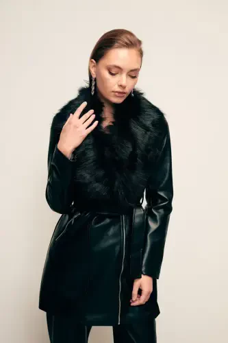 Fur Detailed Leather Jacket - Black-BLACK - 5
