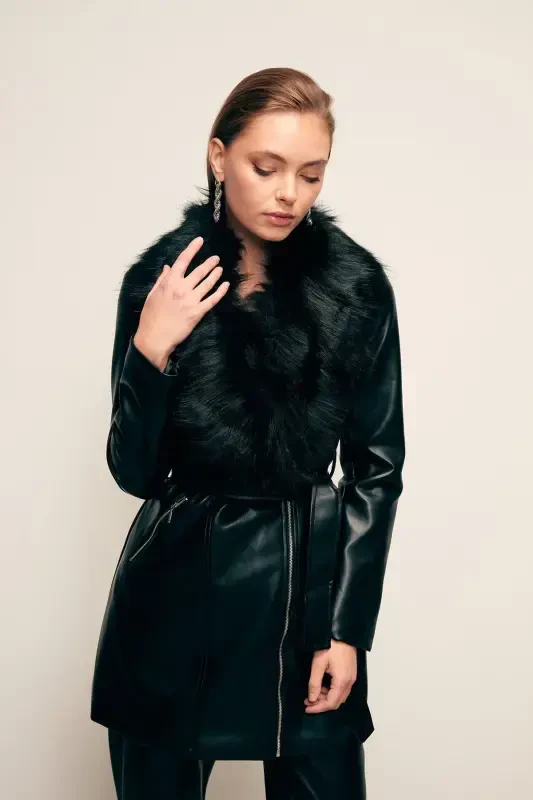 Fur Detailed Leather Jacket - Black-BLACK - 5