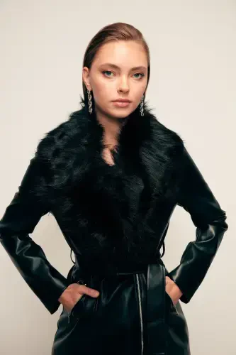 Fur Detailed Leather Jacket - Black-BLACK - 6