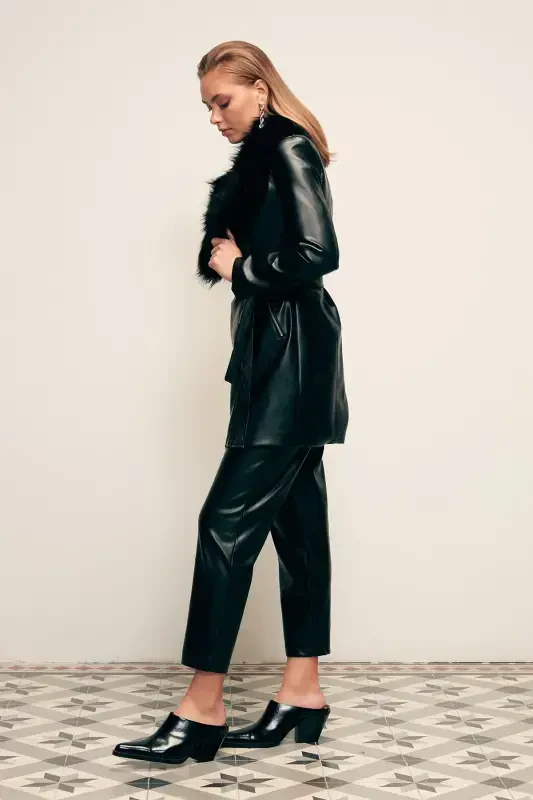 Fur Detailed Leather Jacket - Black-BLACK - 7