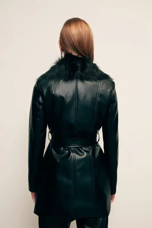 Fur Detailed Leather Jacket - Black-BLACK - 8