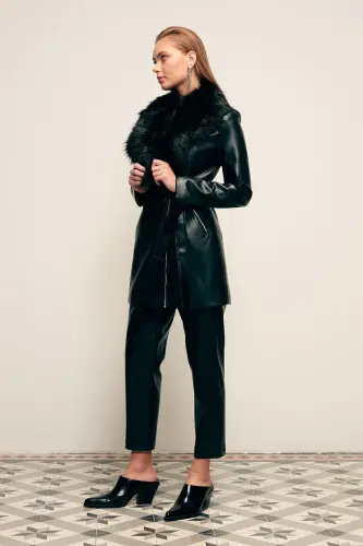 Fur Detailed Leather Jacket - Black-BLACK - 3