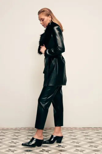 Fur Detailed Leather Jacket - Black-BLACK - 7