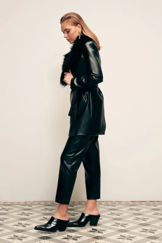 Fur Detailed Leather Jacket - Black-BLACK - 7