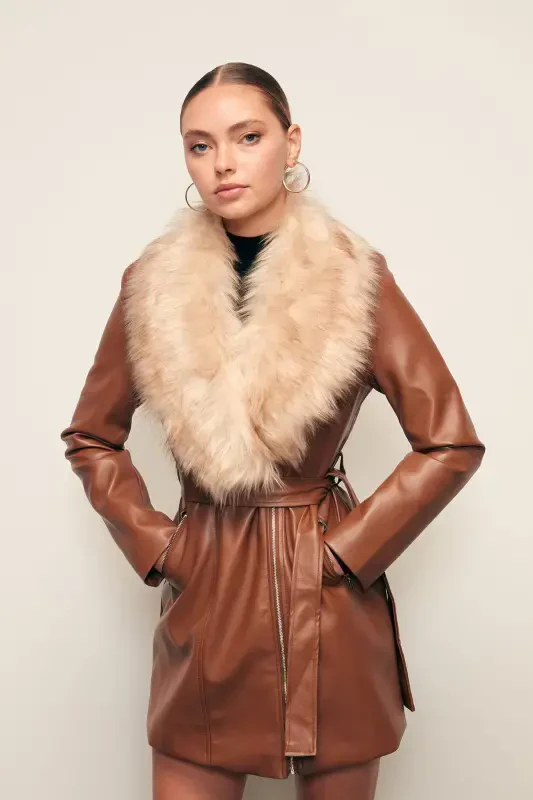 Fur Detailed Leather Jacket - Brown - SATEEN