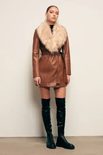 Fur Detailed Leather Jacket - Brown - SATEEN (1)