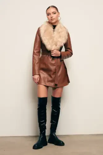 Fur Detailed Leather Jacket - Brown - 5