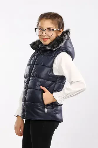 Fur Hooded Kids Padded Vest Navy AVM07273-Navy - GO VEFORM (1)