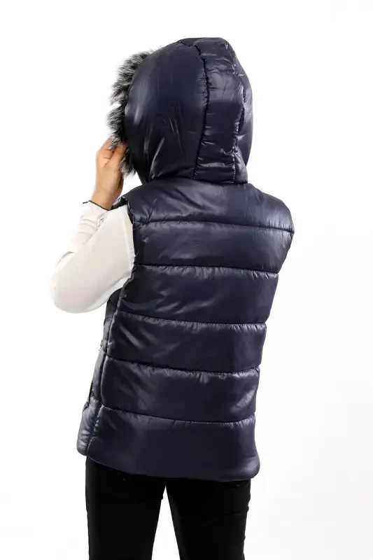 Fur Hooded Kids Padded Vest Navy AVM07273-Navy - 3