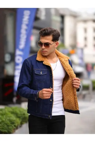 FUR LINED DENIM JACKET - NAVY BLUE - MUSTARD - 3
