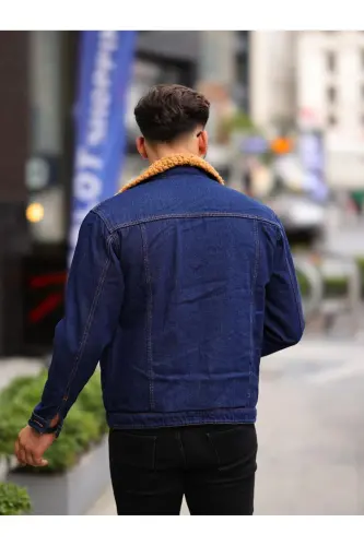 FUR LINED DENIM JACKET - NAVY BLUE - MUSTARD - 4