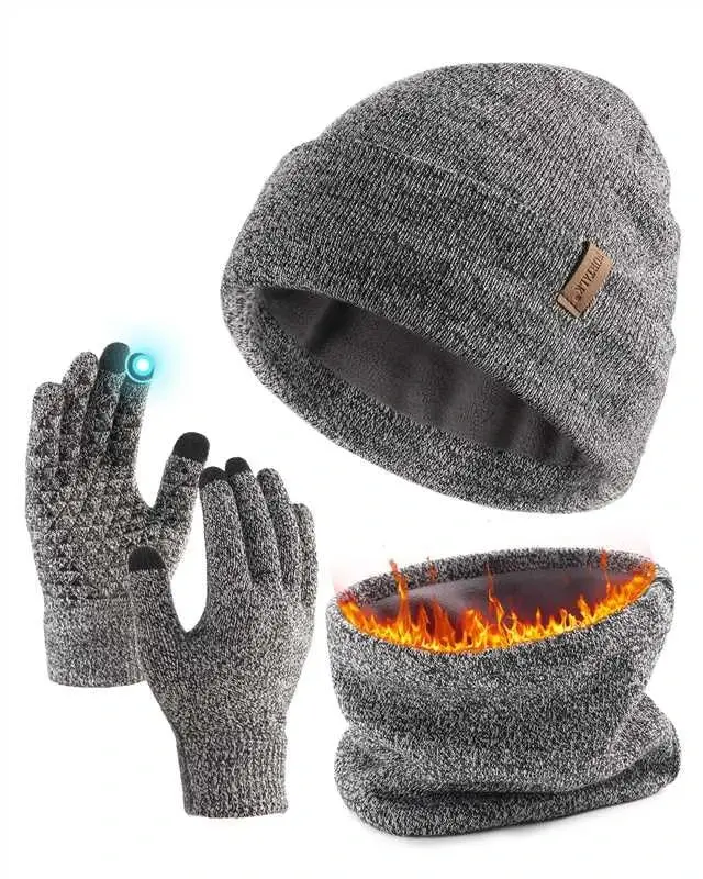 FURTALK Erkek Kadın Kışlık Örgü Bere Atkı Dokunmatik Ekran Eldiven 3'lü Set | Ultra Yumuşak Polar Astarlı Termal Ekipman, Kaymaz Tutuş, Tam Oturan, Soğuk Açık Hava Aktiviteleri İçin Harika Hediye - 1