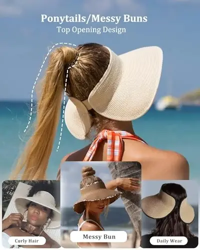 FURTALK Sun Hats for Women Wide Brim Beach Hat Straw Visor Ponytail Summer UV Packable Foldable Beach Vacation Essentials - 5