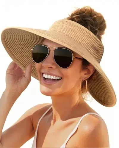 FURTALK Sun Hats for Women Wide Brim Beach Hat Straw Visor Ponytail Summer UV Packable Foldable Beach Vacation Essentials - 6
