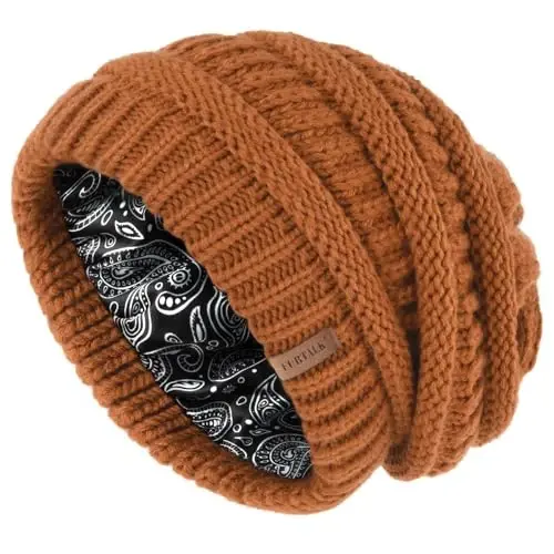 FURTALK Winter Beanie Hat for Women Satin Lined Cable Knit Chunky Slouchy Beanies Skull Warm Cap 