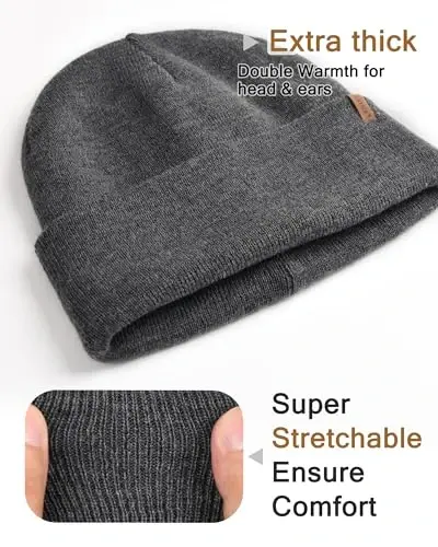 FURTALK Mens Beanie Fleece Lined Winter Hats Double Layered Stylish Knited Cuffed Plain Hat - 3
