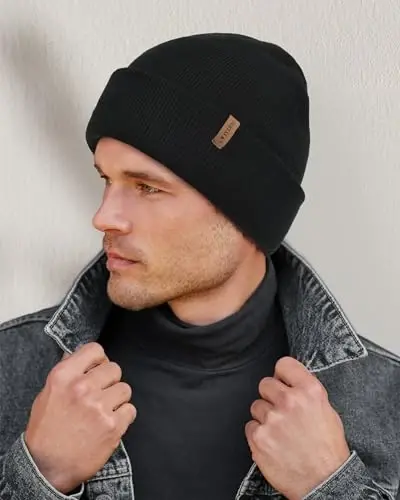 FURTALK Mens Beanie Fleece Lined Winter Hats Double Layered Stylish Knited Cuffed Plain Hat - 3