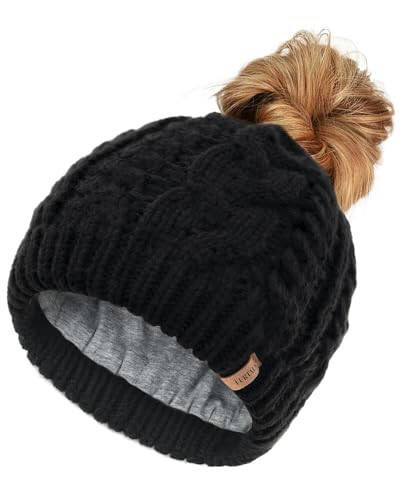 FURTALK Ponytail Beanies for Women Messy Bun Winter Hat with Tail Hole Cotton Lined Knit Skull Beanie Outdoor Runner Cap - 5