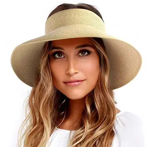 FURTALK Sun Hats for Women Wide Brim Beach Hat Straw Visor Ponytail Summer UV Packable Foldable Beach Vacation Essentials - 1