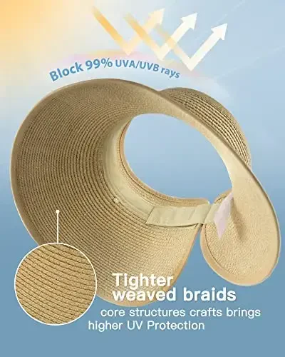 FURTALK Sun Hats for Women Wide Brim Beach Hat Straw Visor Ponytail Summer UV Packable Foldable Beach Vacation Essentials - 2