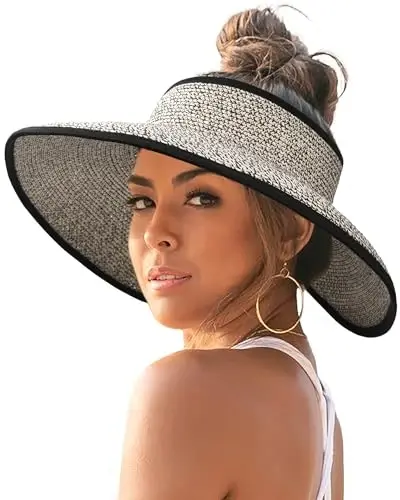 FURTALK Sun Hats for Women Wide Brim Beach Hat Straw Visor Ponytail Summer UV Packable Foldable Beach Vacation Essentials 