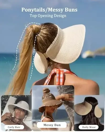 FURTALK Sun Hats for Women Wide Brim Beach Hat Straw Visor Ponytail Summer UV Packable Foldable Beach Vacation Essentials - 5
