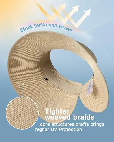 FURTALK Sun Hats for Women Wide Brim Beach Hat Straw Visor Ponytail Summer UV Packable Foldable Beach Vacation Essentials - FURTALK (1)