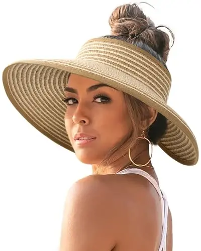 FURTALK Sun Hats for Women Wide Brim Beach Hat Straw Visor Ponytail Summer UV Packable Foldable Beach Vacation Essentials 